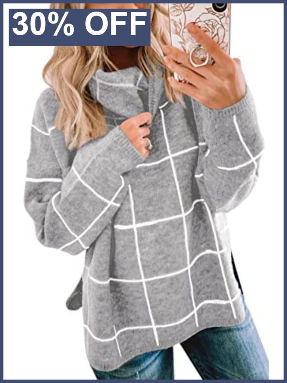 Women's Turtleneck Plaid Knit Sweater Long Sleeve Loose Casual Pullover